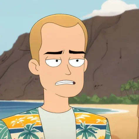 close up of a blonde man with large forehead wearing summer outfit, hawaii background