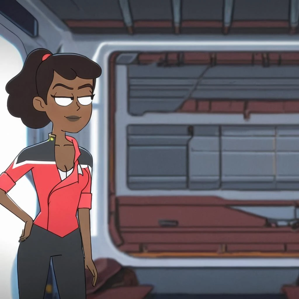 a black woman wearing red starfleet uniform with cleavage , space ship interior background