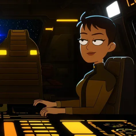 a woman with short hair sitting at space ship cockpit