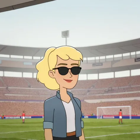 a blonde woman at football stadium, sunglasses on her head, crowds in the background