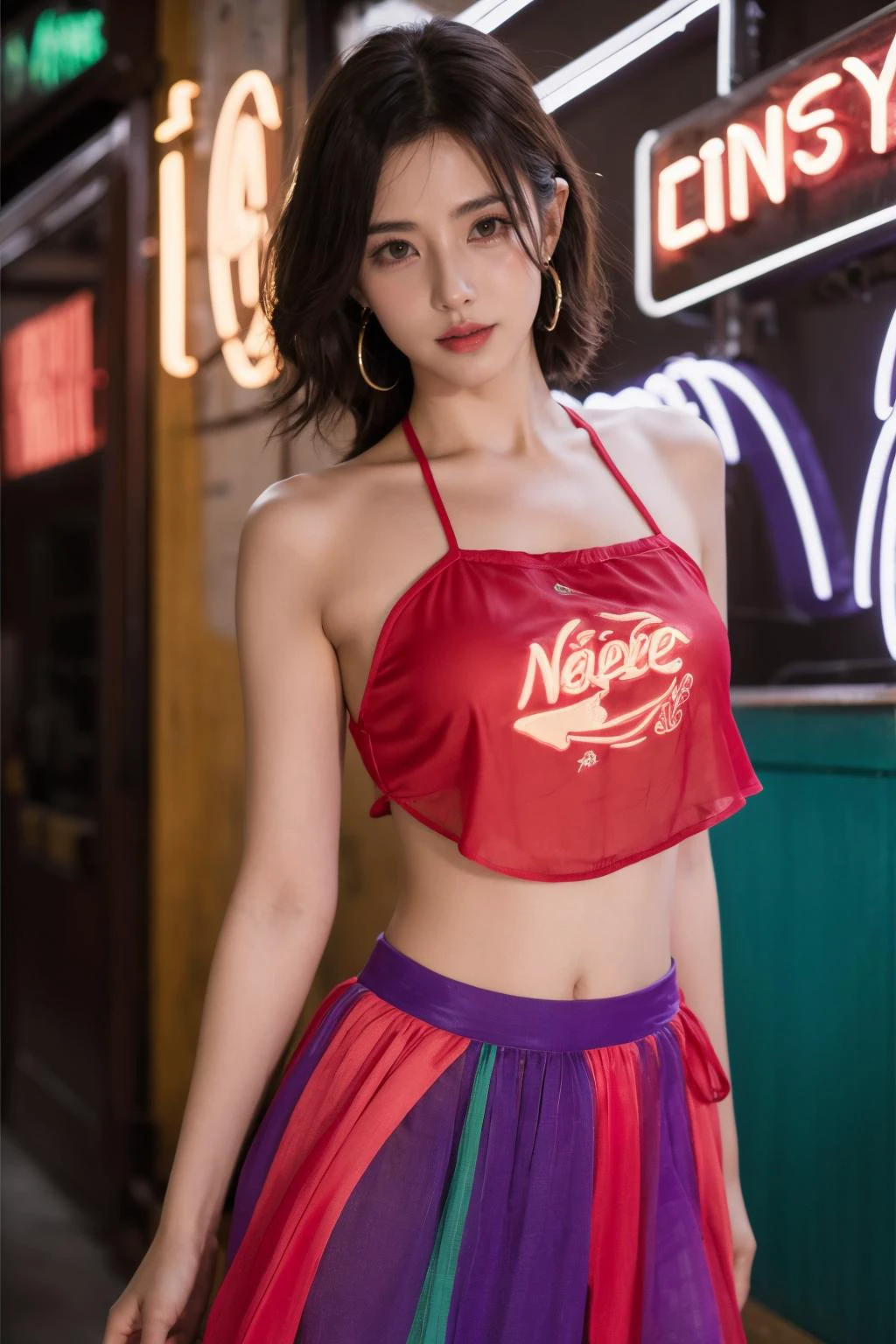 Nights,( parties:1.3), (neon lights:1.4),( lively:1.3), glowing earrings, realistic, pub,
1girl, solo, looking at viewer, realistic, midriff, bare shoulders, standting, hair ornament, black hair, jewelry, brown hair, parted lips, skirt, purple skirt, cowboy shot
<lora:kim_å°çº¢å
_v1:0.75>