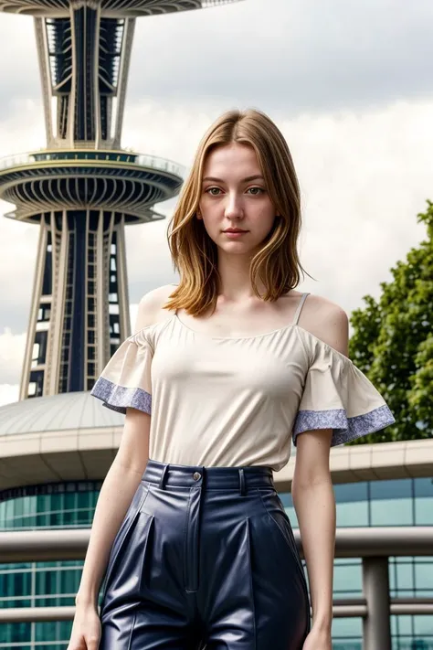 European woman, closeup, sandals, (shirt), pants, (seattle space needle), ZM_mary, wide shoulders, perfect face, (contact iris: 1.1), pale skin, skin pores , depth of field