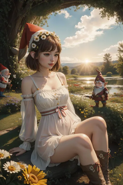 ZM_mary, awardwinning VRay, artistic cibulak porcelain technique of an elegant, Groovy Resourceful ("The Birth of Gnomes":1.3) , lush vegetation and flower field, Sun in the sky, Very wide view, detailed, masterpiece, Frightening, Slimepunk, Gel lighting, Fish-eye Lens, Pastel Colors, Cream and fluorescent splash, sfumato, adobe lightroom, 4K