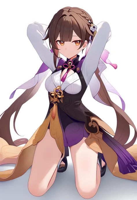 score_9,sushang \(honkai star rail\),1girl,kneeling,arms behind head,seiza,solo,looking at viewer,flower,full body,simple background,white background,,twintails,<lora:pony_char_sushang_(honkai_star_rail)-000018:1>