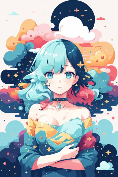 <lora:Vector_illustration:1>, ((masterpiece)), (((best quality))), ((ultra-detailed)), ((illustration)),[realism light effect],shadow,(Fantasy style),(white background:1.6), simple background, (earth theme),(a cloak)[(hair focus,((1girl)),[(big slime hair): (cloud hair):0.3], (hair on background),(high saturation),(hair surrounded by galaxy splashes),)):((her hair is becoming galaxy clouds,:1.27628), (hair and clothes is galaxy clouds and cluster of stars:1.1025),(a cloak is becoming galaxy clouds)(colorful_galaxy_print_clusters_of_stars_print:1.35),((detailed starry sky with colorful galaxy and galaxy clouds):1.2)):0.35], (((masterpiece))),(((best quality))),((ultra-detailed)),(illustration),(dynamic angle),((floating)),(paint),((disheveled hair)),((beautiful detailed face)),collar,bare shoulders, ((colorful hair)),((streaked hair)),beautiful detailed eyes,(Gradient color eyes),(((colorful eyes))),(((colorful background))),(((high saturation))),(((surrounded by colorful splashes))),(((surrounded by colorful dot))),colorful bubble,((shining)),