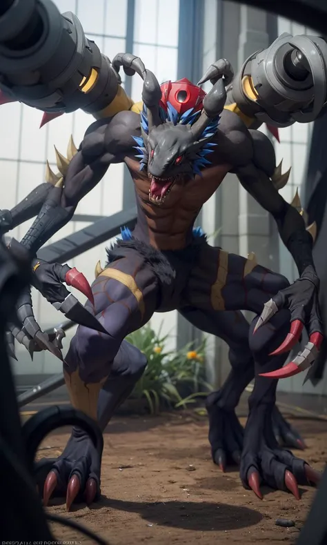 Millenniummon2024, best quality, masterpiece, depth of field, raw photo, photorealistic, monster, Digimon, 4 arms, claws, sharp teeth, two cannons, otherworldly, yellow bird,