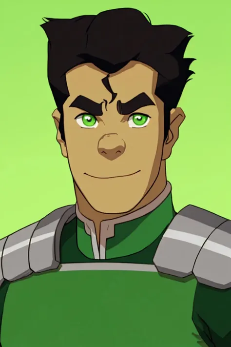 bolin (avatar), handsome man in front of (clean plain lime green background:1.1), one model, studio portrait, smirk, black hair, green eyes, the legend of korra style anime screencap <lora:diffusiondudes_Bolin (Avatar)_V1-10:0.6:1:lbw=1,0,0,0,0.4,0.6,1,1,1,1,1,1,1,0.6,0.4,0.2,0>