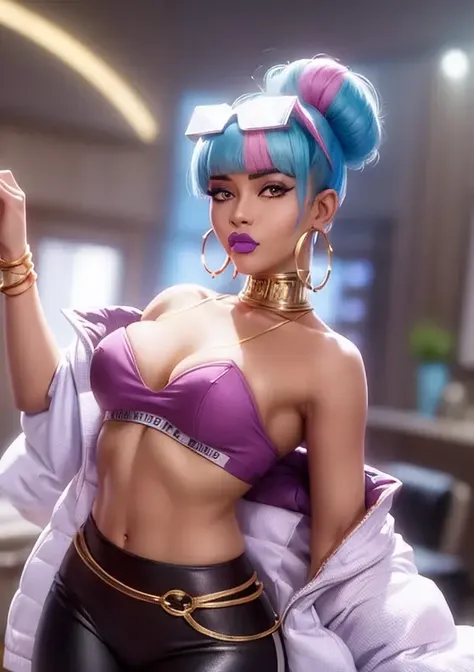 1girl, jewelry, earrings, blue hair, hoop earrings, makeup, hair bun, pink hair, dark skin, dark-skinned female, single hair bun, yellow eyes, solo, looking at viewer, short hair, medium breasts, pants, blunt bangs, mole, bracelet, blurry background, lipstick, eyewear on head, purple lips, high-waist pants, <lora:Qya_True-10:0.6>
