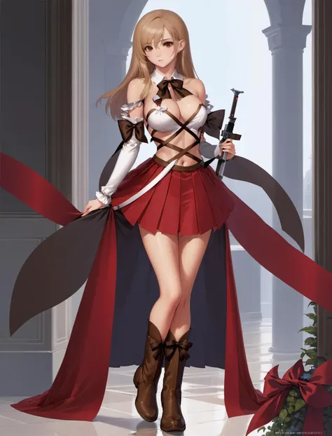 masterpiece, best quality, tony,1girl, solo, bow (weapon), weapon, long hair, boots, brown hair, detached sleeves, ribbon, brown eyes, legs,  shoulders, , cleavage, blonde hair, skirt,<lora:tony_xl_v1:0.9>