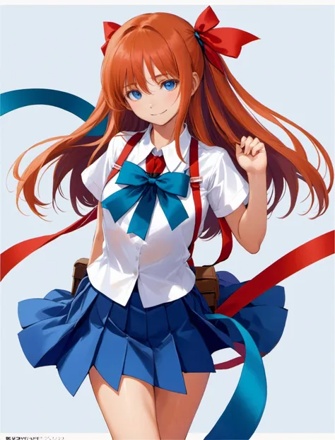 masterpiece, best quality, tony,1girl, souryuu asuka langley, solo, long hair, school uniform, blue eyes, smile, white background, ribbon, shirt, simple background, own hands together, orange hair, short sleeves, skirt, red ribbon, neck ribbon, white shirt, bangs, hair between eyes, looking at viewer, tokyo-3 middle school uniform, signature, closed mouth, two side up, hair ornament, suspender skirt, interface headset, suspenders, traditional media, cowboy shot, interlocked fingers, blue skirt,<lora:tony_xl_v1:0.9>