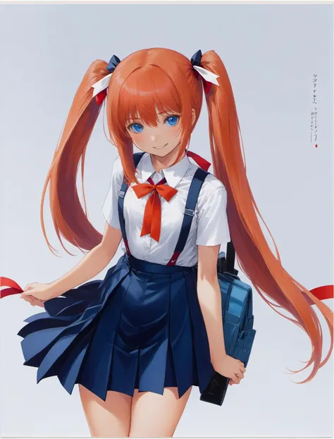 masterpiece, best quality, tony,1girl, souryuu asuka langley, solo, long hair, school uniform, blue eyes, smile, white background, ribbon, shirt, simple background, own hands together, orange hair, short sleeves, skirt, red ribbon, neck ribbon, white shirt, bangs, hair between eyes, looking at viewer, tokyo-3 middle school uniform, signature, closed mouth, two side up, hair ornament, suspender skirt, suspenders, traditional media, cowboy shot, interlocked fingers, blue skirt,<lora:tony_xl_v1:0.9>