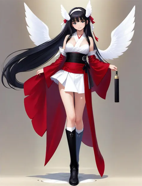 masterpiece,best quality,tony,1girl, solo, long hair, black hair, staff, detached sleeves, full body, looking at viewer, standing, smile, breasts, boots, holding, skirt, hairband, simple background, white background, page number, white footwear, wings, bangs, wide sleeves, japanese clothes, bare shoulders, long skirt, hakama skirt,<lora:tony_xl_v1:0.9>