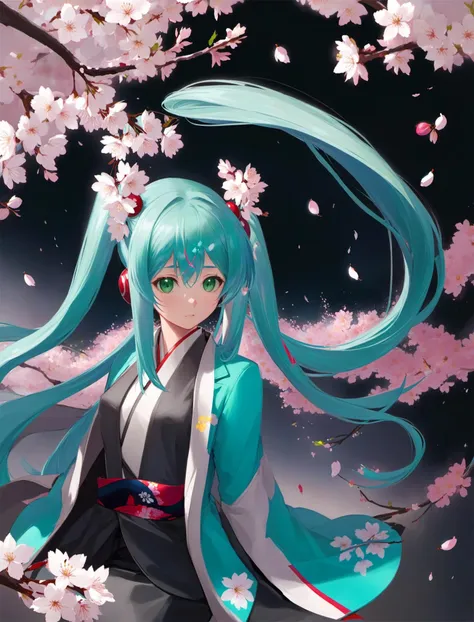 masterpiece, best quality, tony,1girl,solo,hatsune_miku,long hair, green hair, open jacket, cherry blossoms, cherry hair ornament, hanami, highres,<lora:tony_xl_v1:0.9>