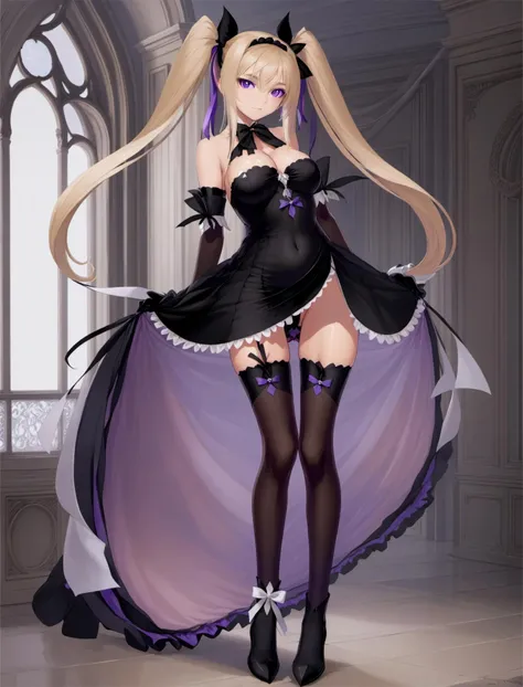 masterpiece, best quality, tony,1girl, solo, thighhighs, blonde hair, long hair, twintails, gloves, purple eyes, elbow gloves, very long hair, , dress, legs, long legs, hairband,  jewelry, black thighhighs, simple background, pointy ears, earrings,  shoulders, ribbon,<lora:tony_xl_v1:0.9>
