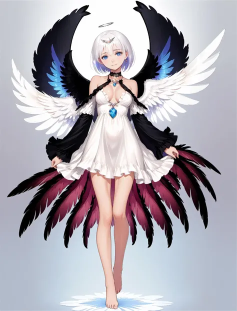 masterpiece,best quality,1girl, wings, solo, full body, dress, barefoot, blue eyes, breasts, simple background, looking at viewer, detached sleeves, feathered wings, hair ornament, bare shoulders, white hair, bangs, page number, white dress, jewelry, white background, blush, collarbone, short hair, black wings, frills, smile, short dress, small breasts, long sleeves, single wing, cleavage, halterneck, angel wings, standing, gradient, bare legs, shiny, necklace, shiny hair, <lora:tony_xl_v1:0.9>