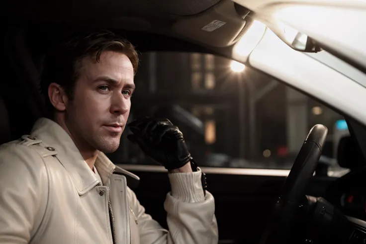 RG0sl1ng,driving car,(white leather jacket),brown leather gloves,sitting in the car,dark theme,night