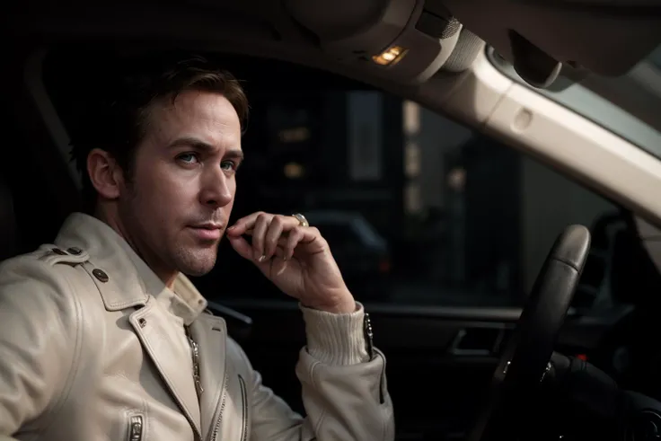 RG0sl1ng,driving car,(white leather jacket),brown leather gloves,sitting in the car,dark theme,night