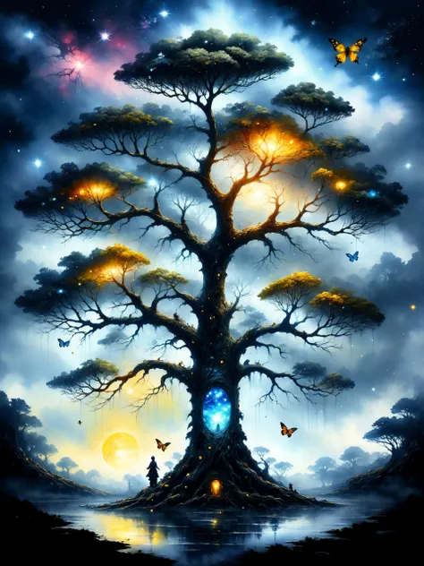 wet watercolor photorealism image of friendly beautiful old tree with biolumiscent golden tiny pearls and little transparent glowing colorful butterflies, reflecting night sky, mesmerizing whimsical beauty, maximalism, pretty features, iridescent wonderland, Mira Lobe, Luis Royo, Agnes Cecile, Andree Wallin, Marc Simonetti,(yggdrasil:0.6),(tree of life:0.6) masterwork by head of prompt engineering  <lora:shadow-XL:1> <lora:sdxl_photorealistic_slider_v1:0.6>  <lora:zwd_v2_SDXL:0.5>