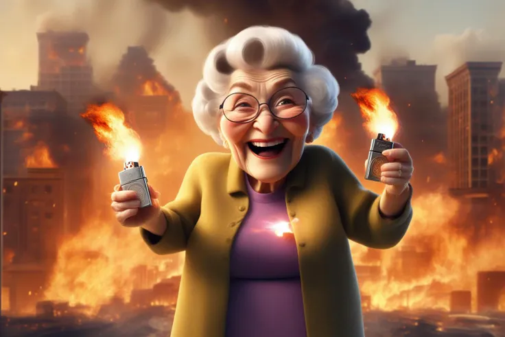 epic movie scene of badass grandma with zippo lighter in front of explosion, buildings in fire, city in fire in the background, all in fire, centered, symmetrical, light smile