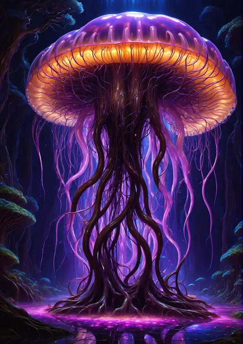 a single giant jellyfish tree, thick roots, huge roots, intertwined trunks, a dramatic painting inspired by marc simonetti,
abstract dream, complex, highly detailed, intricate, elaborate, glowing, bioluminescence, octane render, 4k hdr
violet, [thick trunk:cyan:0.3], brown,
reflections, pond background, black background, translucent, [:waterlilly:0.35],