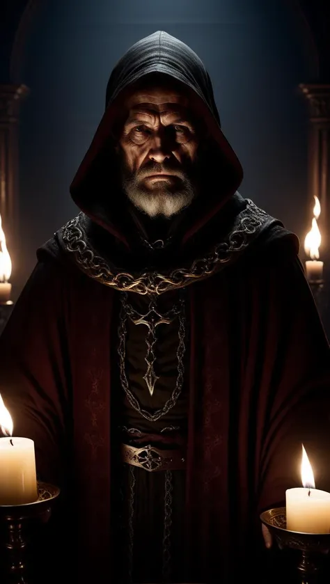 an old bearded man in a hood holding a lit candle, cgsociety unreal engine, wearing ornate clothing, cinematic photo, helltaker, portrait of professor sinister, ps 4 screenshot, the shrike, spawn, monk, without text, screenshot from game, photoreal details, father, dark candlelit room, dark shadows, shroud
