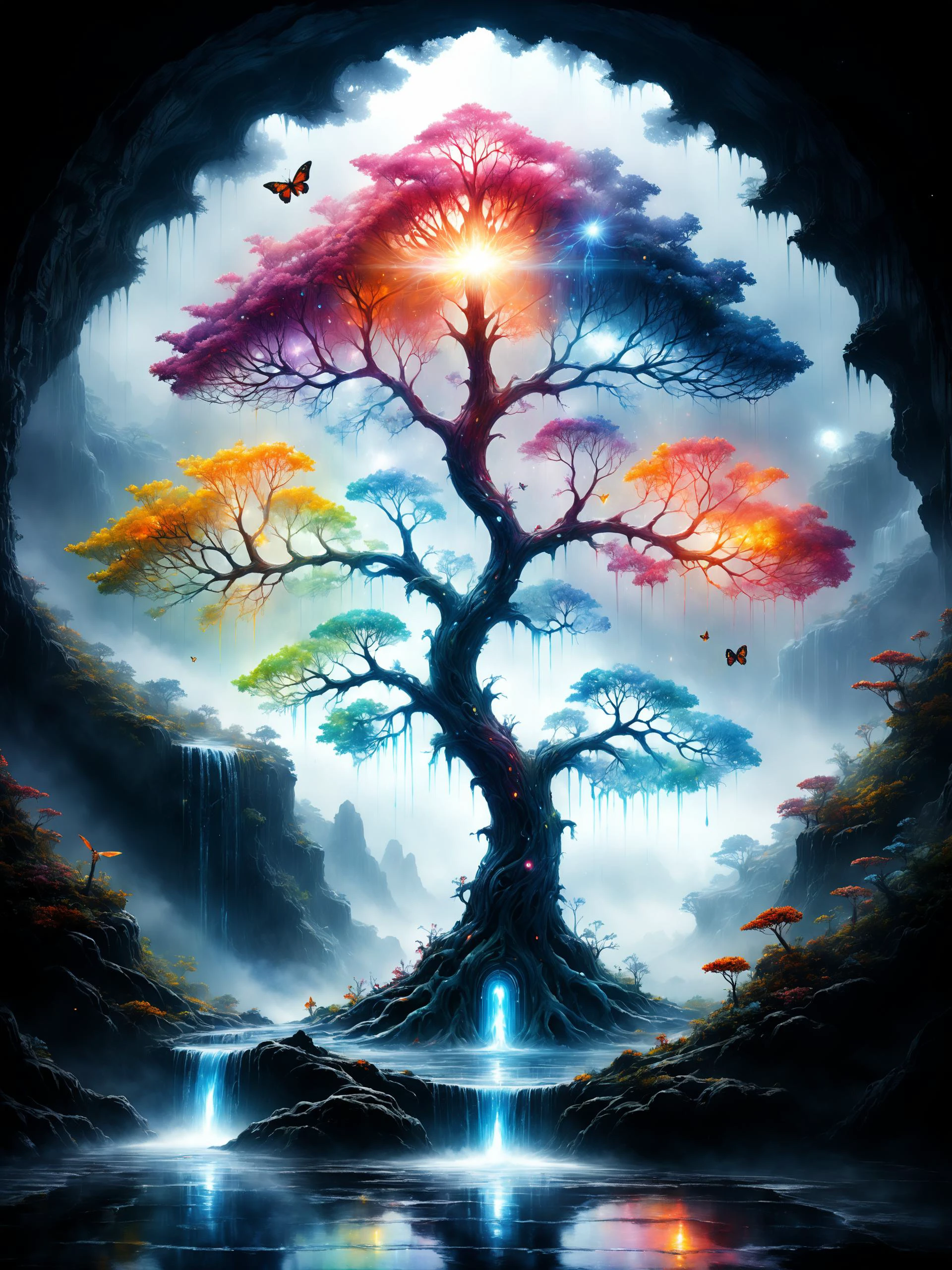 wet watercolor photorealism image of friendly beautiful old transparent tree made out of glass and steam in biolumiscent glowing colorful butterfly shape in front of a mysterious waterfall portal, mesmerizing whimsical beauty, maximalism, pretty features, iridescent wonderland, Mira Lobe, Luis Royo, Agnes Cecile, Andree Wallin, Marc Simonetti,(yggdrasil:0.6), (tree of life:1.1), complex masterwork by head of prompt engineering <lora:shadow-XL:1> <lora:sdxl_photorealistic_slider_v1:0.6> <lora:zwd_v2_SDXL:0.4>