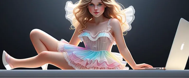 Excessive tiered ruffle dress with layers of lace and chiffon, hologram floating in space, a vibrant digital illustration, dribbble, quantum wavetracing, black background, behance hd, 3D toy, standing character, tiny, cute, soft lighting, pastel colors, skottie young, blender, pop surrealism, pbr, alluring portrait, intricate, highly detailed, digital painting, artstation, concept art, naughty, sharp focus, cinematic lighting, illustration, art by artgerm and greg rutkowski, alphonse mucha, cgsociety, a girl sitting on chair white macbook and iphone15pro on table,