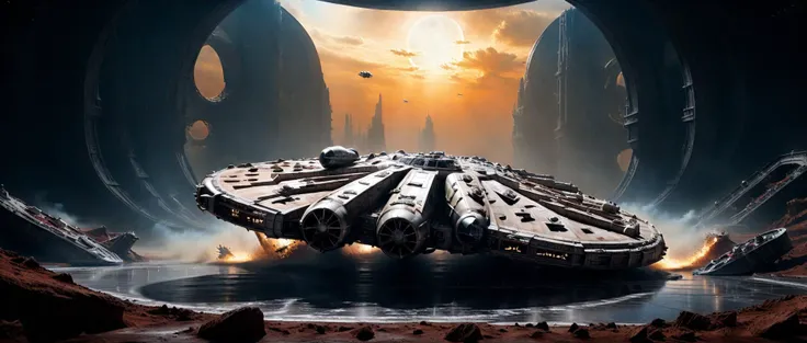 cinematic still of (((a gigantic millennium falcon style spaceship spectacularly crash-landing on planet surface))), hyperdetailed, ultra realistic, 8k, high quality, hyper-realistic, photorealistic, highly detailed, high resolution, perfect composition, beautiful detailed intricate insanely detailed octane render trending on artstation, 8 k artistic photography, photorealistic concept art, soft natural volumetric cinematic perfect light, chiaroscuro, award - winning photograph, masterpiece, oil on canvas, raphael, caravaggio, greg rutkowski, beeple, beksinski, giger, light and dust, global illumination, exposure blend, specular highlights, ambient occlusion, realistic shadows, cinemascope