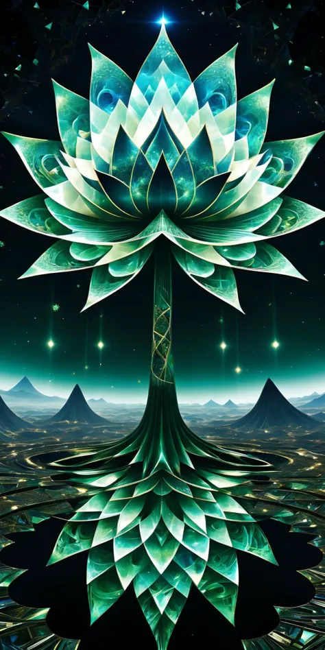 astral artistic image of a stunning fractured pieced tiled bird inside lotus dissolving into 1000 fractal eternal fragments and dissolving into own soul and endless soul with tiny tiles floating into the sky in a falling apart scenery, cosmic tree scenery, iridescent green and pyrite <lora:add-detail-xl:1.4>