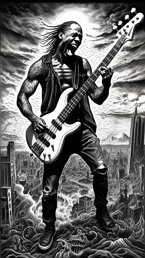 ((black metal inspired black man screaming:1.4)), ((intricate tattoos:1.3)) enveloping his muscular arms, passionately wielding a ((bass guitar etched with occult symbols:1.4)), against a backdrop of an ((apocalyptic hellscape:1.5)) where ((soaring infernos engulf cities:1.3)) and ((twisted metal debris pierce the ashen skies:1.4)), reflecting his music's raw power, (modern European ink painting style with detailed brush strokes:1.4), (monochrome portrait with contrasting shadows:1.3), (rusty elements adding a decayed texture:1.2), (modular design with fragmented visuals:1.1), (lithograph technique showcasing depth:1.2)