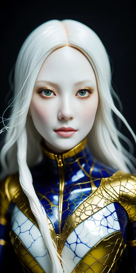 portrait photo of a doll with porcelain kintsugi skin, cracked skin, shattered porcelain skin, deep fine cracks, kintsugi, soft focus, half body editorial shot, detph of field, uncanny, long white hair, stunning perfect shining eyes, pale skin, shy smile, intricitaly hyperdetailed, amazing depth, expansive details, cracked surface, iridescent gold
