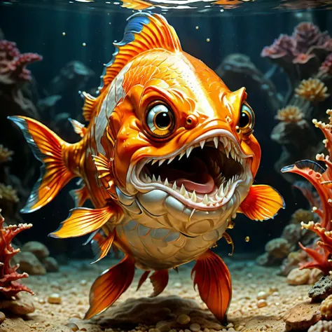 caricature of a talking gold fish, angry and upset, talking with his fins, mouth open, photorealistic, high quality, high detail, sharp focus. , <lora:wowifierXL:0.5>