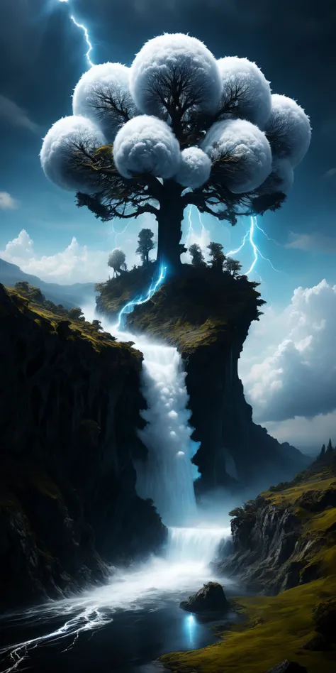fluffy gnarly magical tree made out of clouds with static (electricity:1.2) charge, a perfect photography by Killian Eng, Andree Wallin, Mark Mann, Marc Simonetti, Albrecht Drer, wlop, Jeremy Geddes, vibrant dark colors, intricate artwork masterpiece, impressive, stunning, cloudy, fluffy heavenly scenery, amazing depth, hyperdetailed, artistic fantasy nanopunk, (surreal waterfall:1.3), electric sun, surreal photorealism <lora:add-detail-xl:1.4>