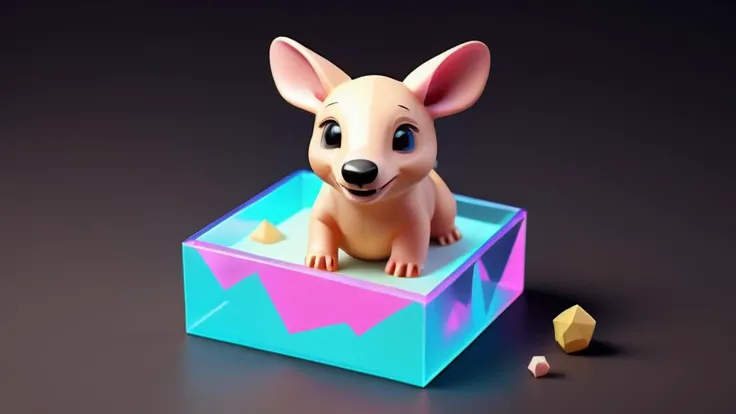 Aardvark, delicate hand, smiling, black eyes,Angled eyebrows, Tiny cute isometric in a cutaway box, soft smooth lighting, soft colors, 100mm lens, 3d blender render, hologram floating in space, a vibrant digital illustration, dribbble, quantum wavetracing, black background, behance hd