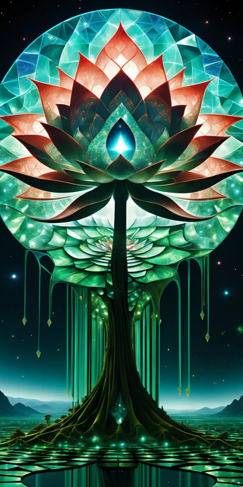 astral artistic image of a stunning fractured pieced tiled bird inside lotus dissolving into 1000 fractal eternal fragments and dissolving into own soul and endless soul with tiny tiles floating into the sky in a falling apart scenery, cosmic tree scenery, iridescent green and pyrite <lora:add-detail-xl:1.4>