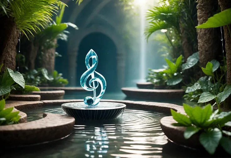 (a photo of water in the shape of music notes:1.2), music notes water fountain in an ancient temple, intricate architecture, overgrown, serene atmosphere, cultural richness, mystical ambiance, vibrant colors, highly detailed, ethereal feel, 8k, dramatic lighting, (photography, film still:1.2), 4k, (water in the shape of music notes:1.1), shallow dof, (bokeh:1.2), award winning photography
