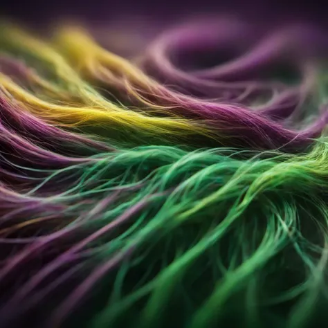 (best quality), (masterpiece), epic cinematic organic photorealistic microscopic shot of ((HUMAN HAIR)), Physically based render, FULL COLOR, GREEN, PURPLE, YELLOW, background is MIRROR, shallow depth of field, back-light, film grain, Iphone X, Low shutter, Film grain