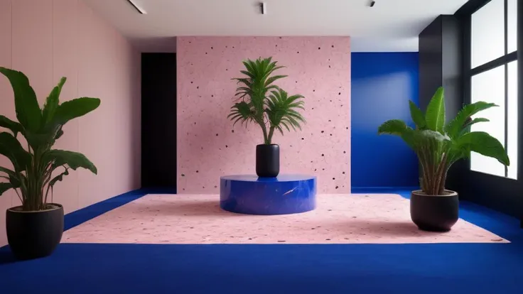 An award winning interior design photograph of an yves klein blue eclectic interior space designed by kaws and john pawson, plants all over, pink terrazzo and marble textures, unreal engine, bright --ar 3:4 --q 2 --s 250 --v 5, delicate hand, smiling, black eyes,Scattered eyebrows, shot 35 mm, realism, octane render, 8k, trending on artstation, 35 mm camera, unreal engine, hyper detailed, photo-realistic maximum detail, volumetric light, realistic matte painting, hyper photorealistic, trending on artstation, ultra-detailed, realis