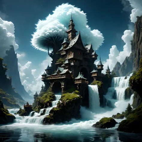 fluffy gnarly floating adorable magical dwarf town in the clouds with static (electricity:1.2) charge,a perfect photography by Andree Wallin,Mark Mann,Marc Simonetti,Albrecht Drer,wlop,Jeremy Geddes,Alberto Seveso,muted wet colors,intricate artwork masterpiece,trending on artstation and cgsociety,impressive,stunning,beautiful whimsical,cloudy,fluffy,heavenly scenery,amazing depth,hyperdetailed,artistic,nanopunk,(surreal waterfall:1.2),electric sun,surreal photorealism,masterwork by head of prompt engineering, <lora:add-detail-xl:1.23>