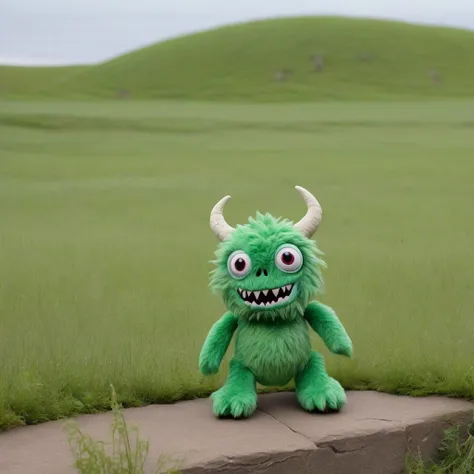 (FULL SHOT:1.2), STUFFED ANIMAL MONSTER, (ROLLING HILLS IN BACKGROUND :1.3), STUDIO BONES