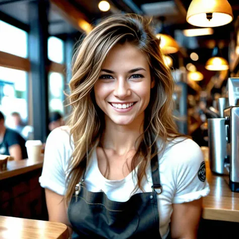 candid photo of a 30 year old woman, smirking, working as a barista in a coffee shop, cute, beautiful face, perfect hair, photorealistic, high quality, high detail, sharp focus. , <lora:wowifierXL:0.5>