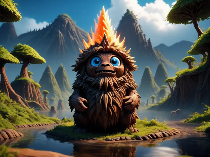 3d fluffy gigantic druidic wooden volcano god <lora:LoromXL_Druidic_Naturalism:0.3>, luminous reflections, rtx on, subsurface scattering, dynamic hdr tone mapping, volumetric lighting, screenspace reflection, Physically-Based Rendering, Unity WÄtÄ environmental water, closeup cute and adorable, cute big circular reflective eyes, long fuzzy fur, Pixar render, unreal engine cinematic smooth, intricate detail, cinematic