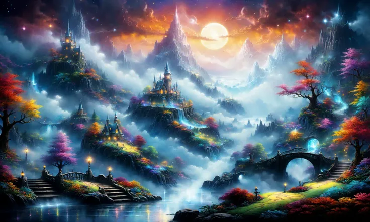 a colorful fantasy dream land, (Extremely Detailed and Intricate), (wide shot), Movie Quality, Cinematic, Ultra-realistic, Realistic, (movie lighting), (movie effects), By Thomas Kinkade, ((Dreamy fog)), very saturated and vivid colors,