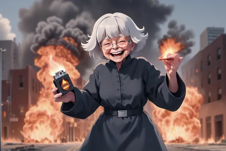 epic movie scene of badass grandma with zippo lighter in front of explosion, buildings in fire, city in fire in the background, all in fire, centered, symmetrical, light smile