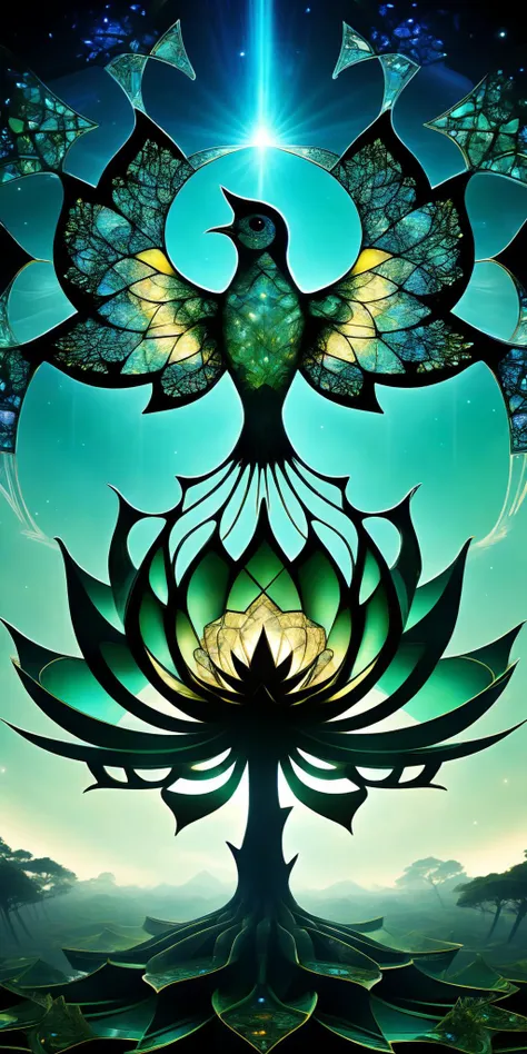 astral artistic image of a stunning fractured pieced tiled bird inside lotus dissolving into 1000 fractal eternal fragments and dissolving into own soul and endless soul with tiny tiles floating into the sky in a falling apart scenery, cosmic tree scenery, iridescent green and pyrite  <lora:add-detail-xl:1.4>