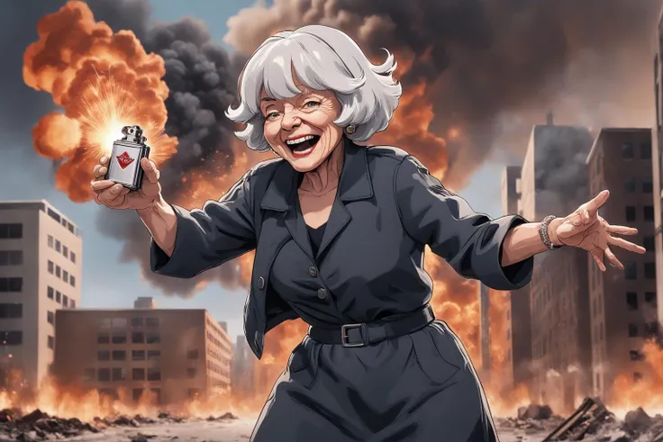 epic movie scene of badass grandma with zippo lighter in front of explosion, buildings in fire, city in fire in the background, all in fire, centered, symmetrical, light smile