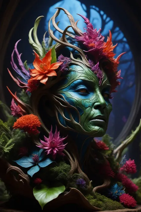 (Majestic, intricate, colorful), (a superb Environmental sculpture installation of a Sylvari), (Superb lighting, lots of colorful details, photorealistic, highres, depth), (Colorful, Realistic, High quality, Highly detailed, Sharp focus, 8K UHD, photography, trending on artstation)