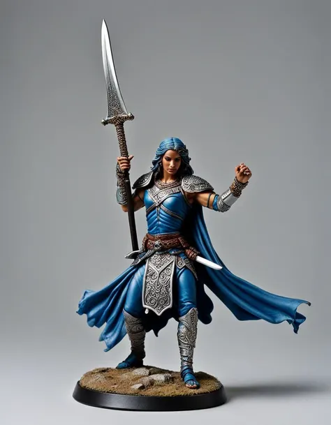 white background, role playing rpg figurine miniature , a hero (boldly) carrying a ((single silver scimitar)) in combat, clad in blue silk, a fey being who is an ancient legend and slays evil, hope-bringer, a blind and benevolent dancing joy of swordsmanship. Hands are together, almost as if prayerful.
highly detailed, intricate, 35mm photograph, F/4, cinematic lighting, subsurface scattering, contrast