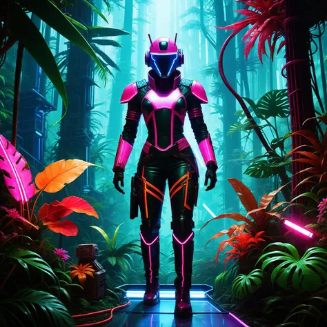 Neon Jungle Android exploring a dense forest illuminated by neon lights. The scene should have a cyberpunk aesthetic with vibrant, contrasting colors, and intricate details of the surrounding jungle and the android.