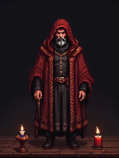 an old bearded man in a hood holding a lit candle, wearing ornate clothing, , helltaker, f professor sinister,  the shrike, spawn, monk, without text, screenshot from game, father, dark candlelit room, dark shadows, shroud in pixel art <lora:pixelbuildings128-v1:1>